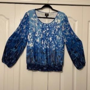 Ladies Blue Floral JM Collection Long Sleeve Mesh Top Size Large
